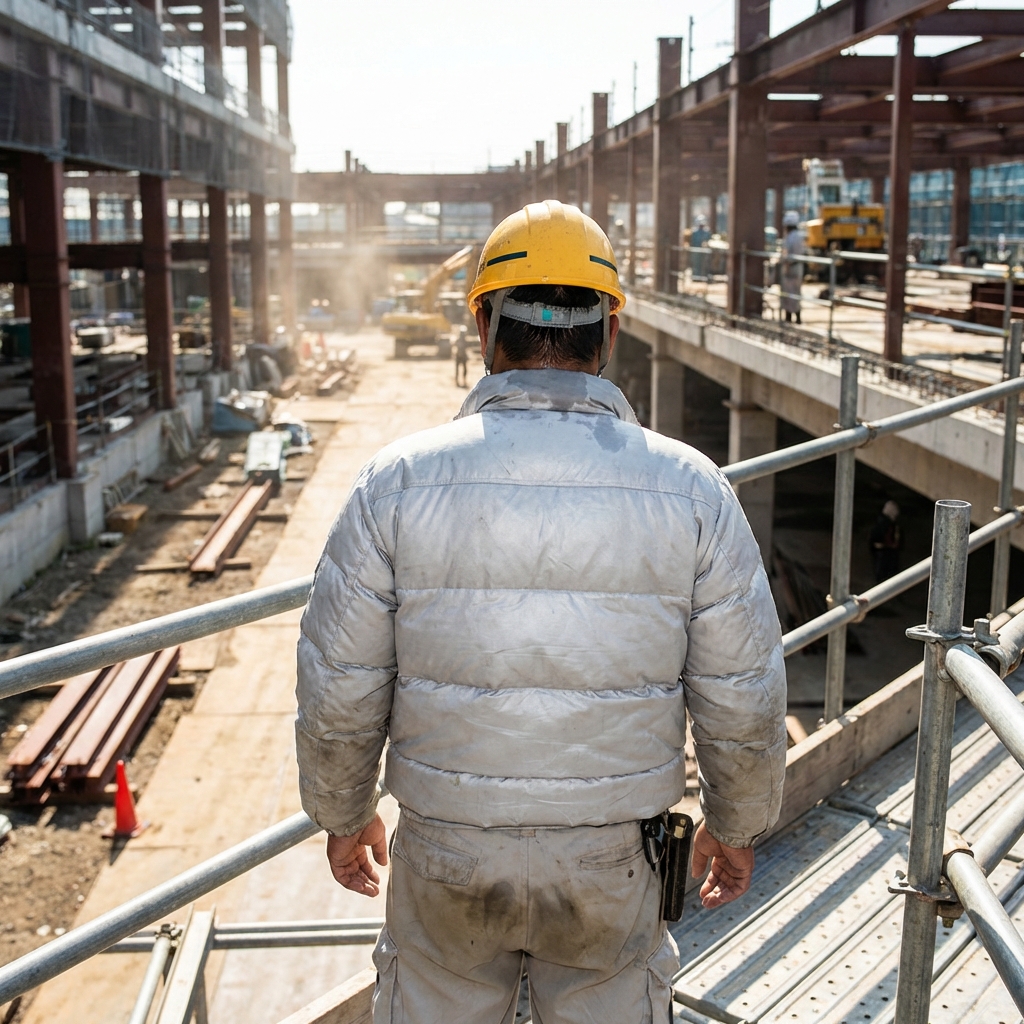 建設現場で空調服を着る作業員