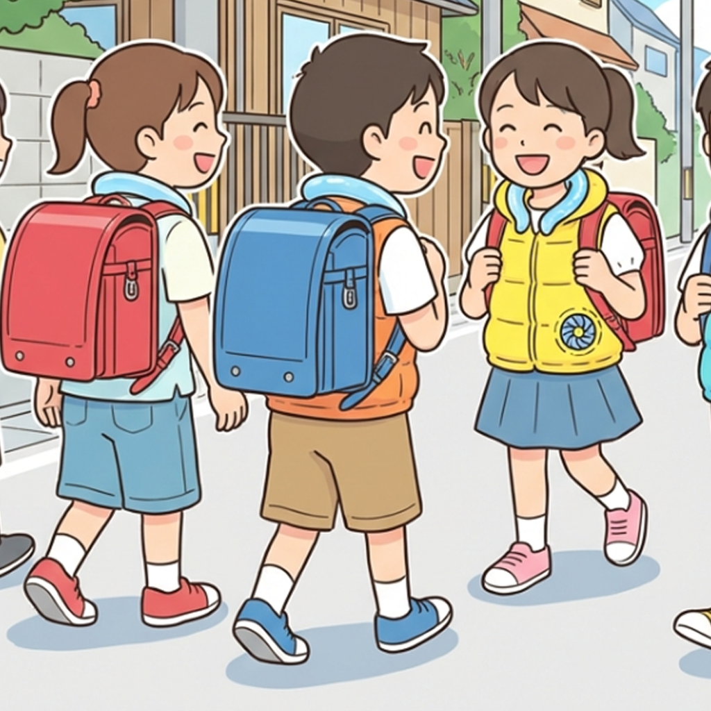 元気に外で遊ぶ子供と冷却ウェア