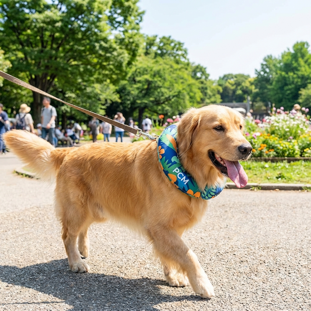 PCMリングをつけた快適そうな犬