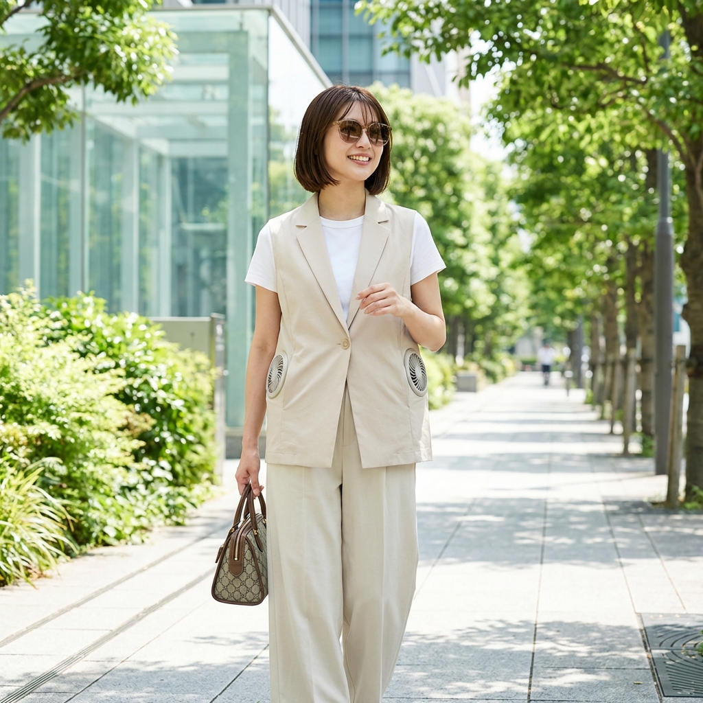 女性が快適に空調服を着こなす様子